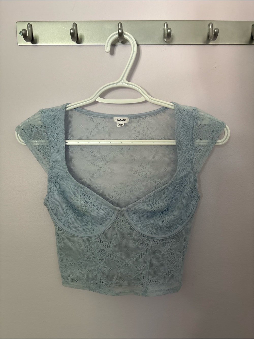 Garage Powder Blue Lace Cropped Bustier Top